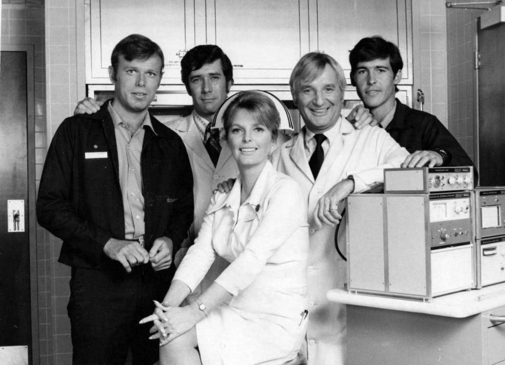 The cast of the television program Emergency!. From left: Kevin Tighe, Robert Fuller, Julie London, Bobby Troup and Randolph Mantooth