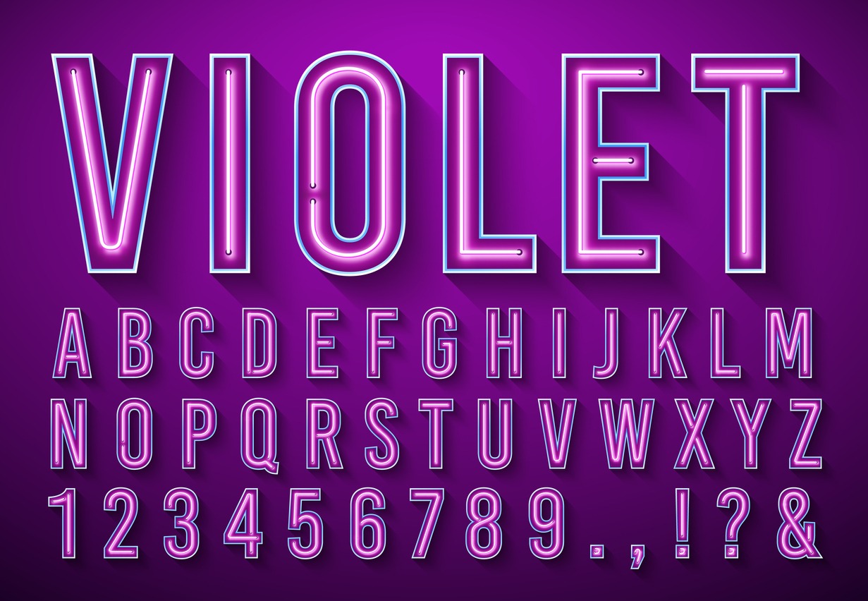 Violet glowing font, light box alphabet and neon lights lettering with shadow