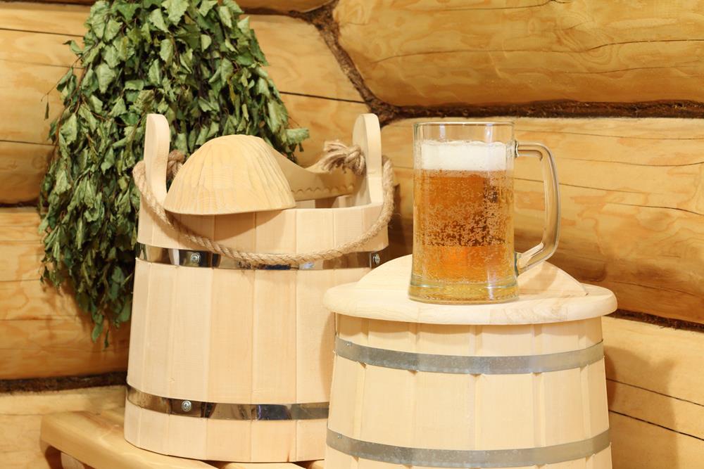 A mug of beer in a sauna