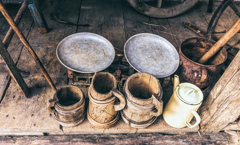 Antique wooden beer mugs and jugs