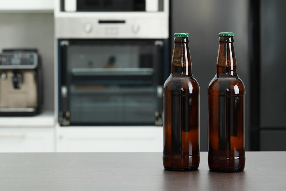Beer bottles on a kitchen counter
