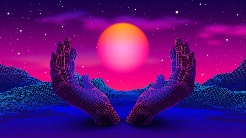 Neon-colored 80s styled landscape with 3D hands holding the glowing purple sun