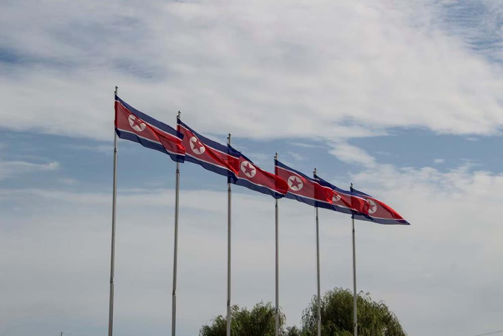 North Korea flags on poles