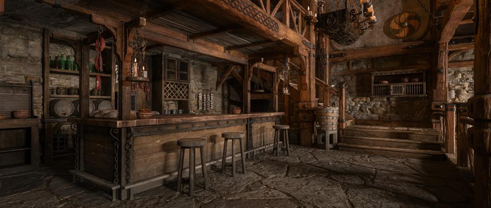 Old medieval inn with beer barrels behind the bar