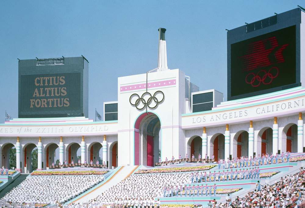 Olympic Torch Tower of the Los Angeles Coliseum on the day of the opening ceremonies of the 1984 Summer Olympics