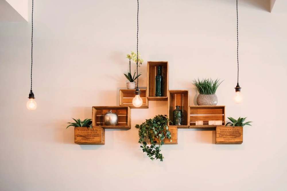 Wooden crate-style shelves mounted on a wall