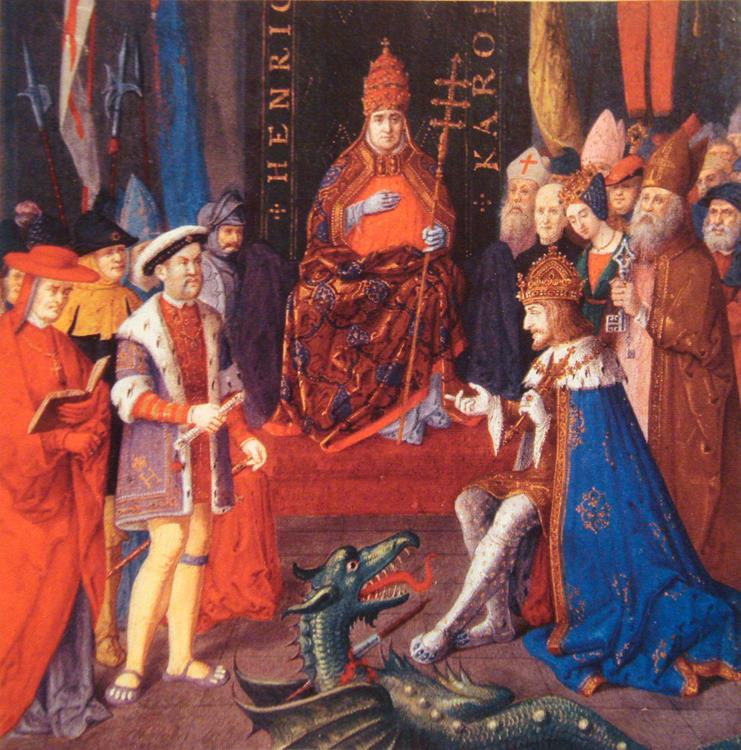 Henry with Emperor Charles V (right) and Pope Leo X (centre)